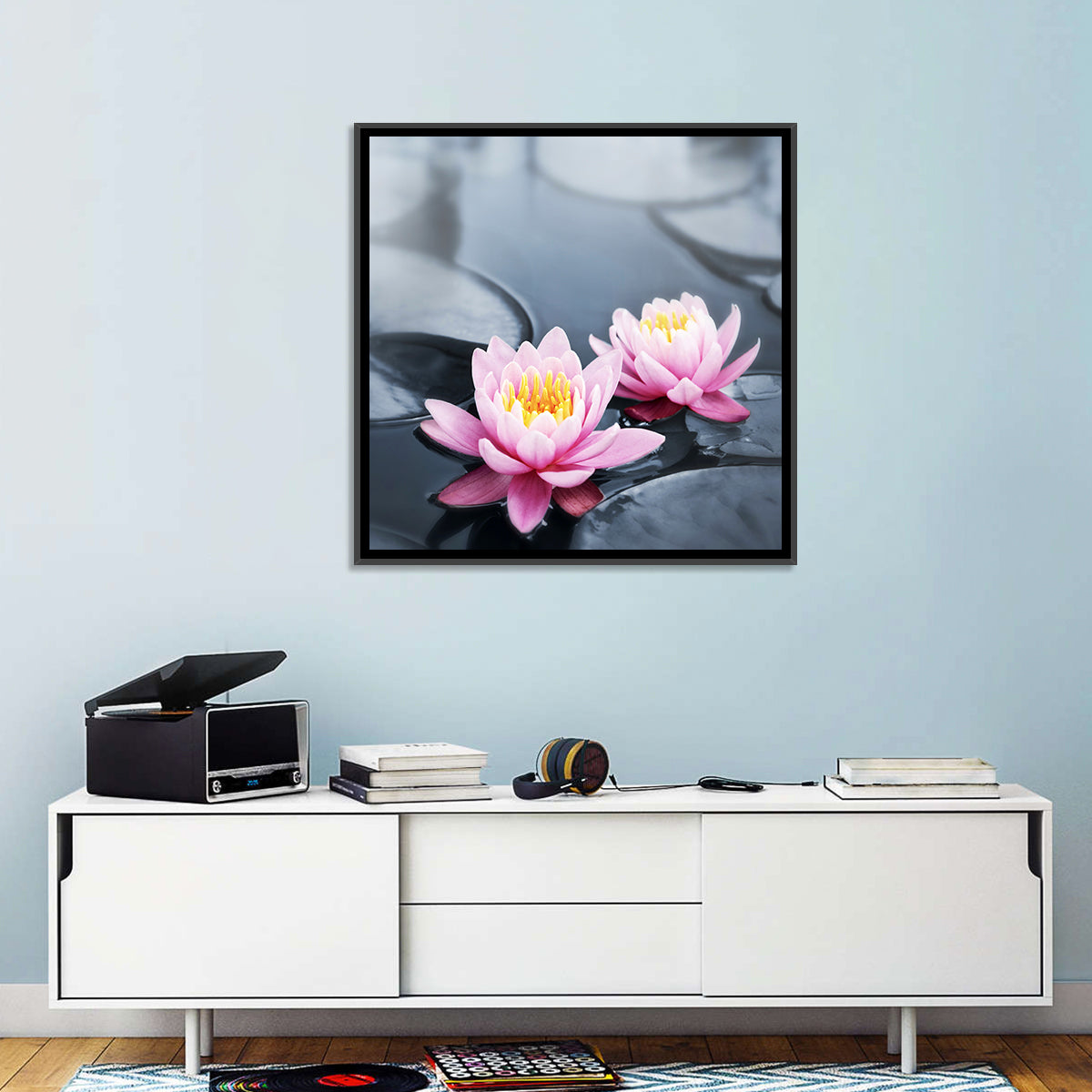 Pink Water Lilies Wall Art in a room, square