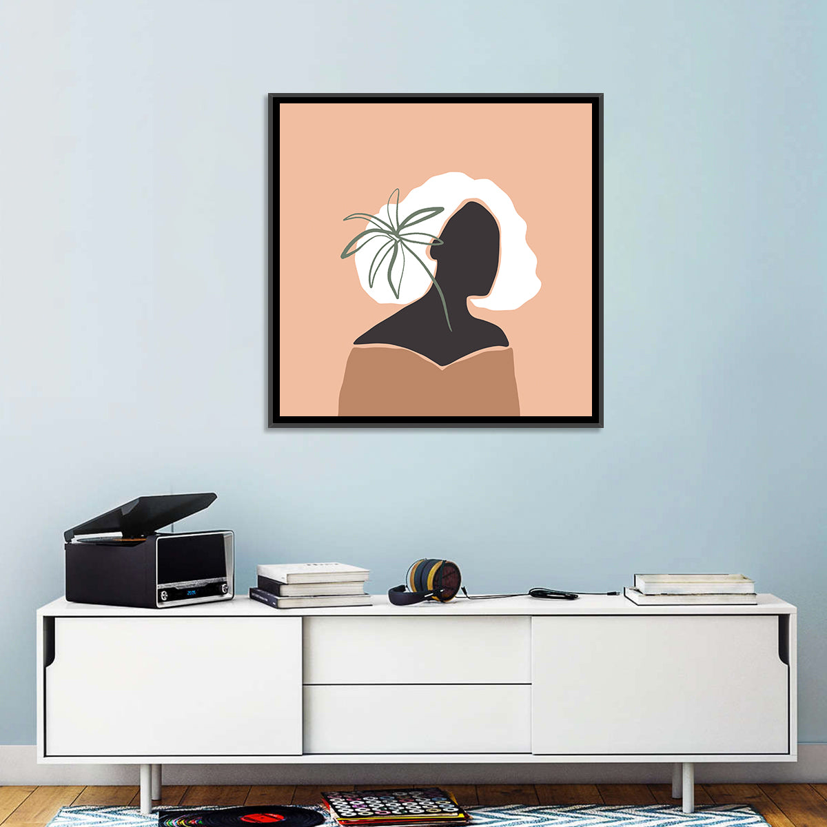 Modern Woman Silhouette Wall Art in a room, square