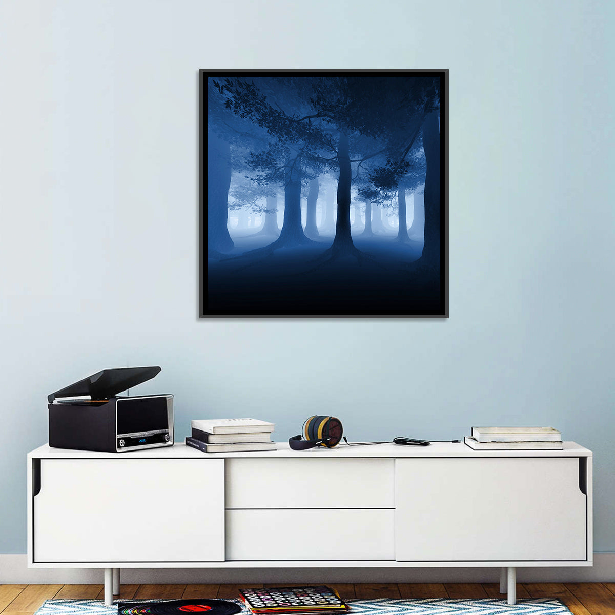 Midnight Blue Forest Wall Art in a room, square