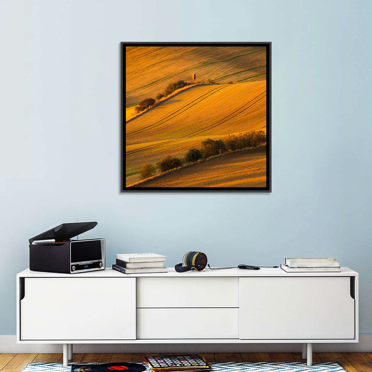 Golden Moravian Farm Tracks Wall Art in a room, square