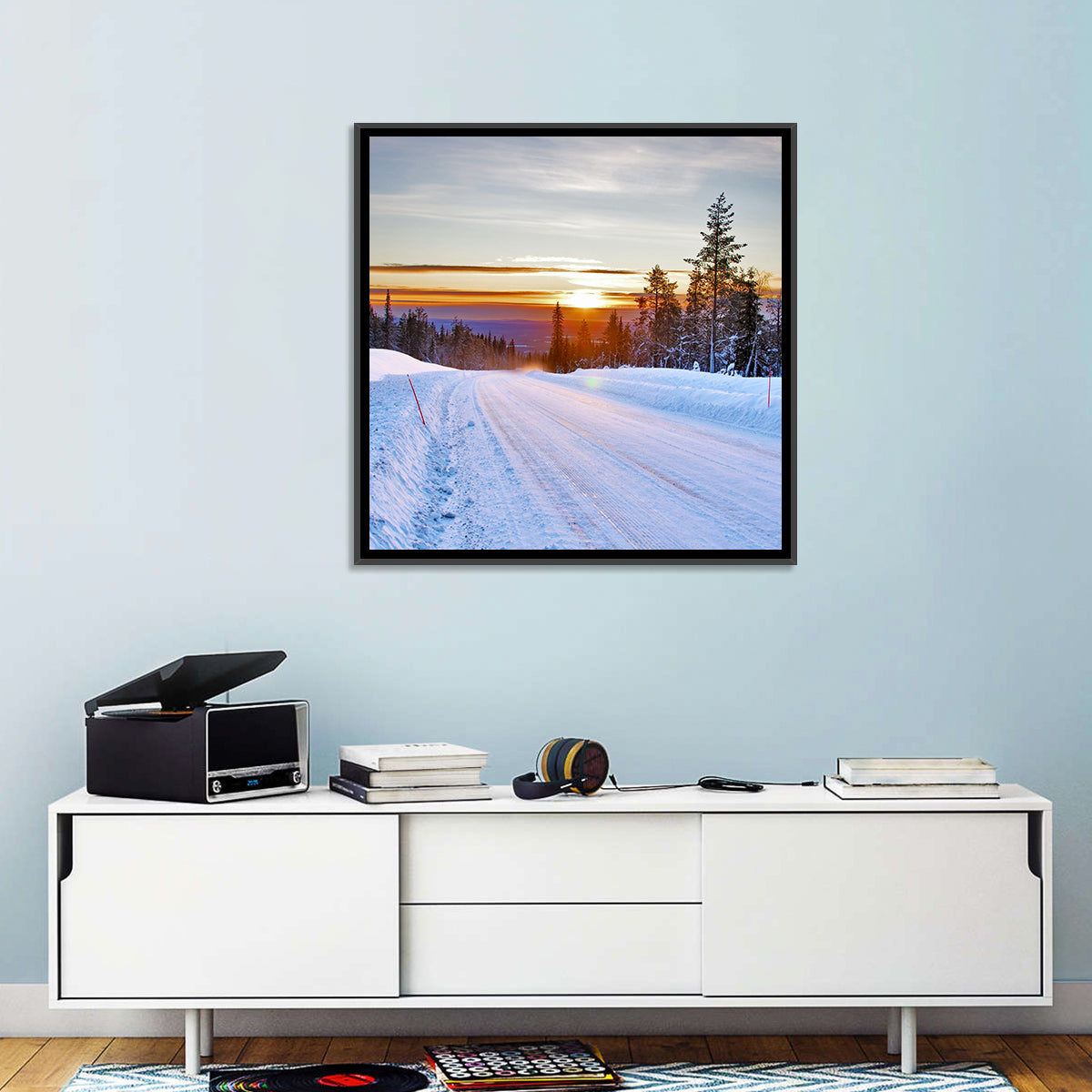 Snowy Road at Sunset Wall Art in a room, square