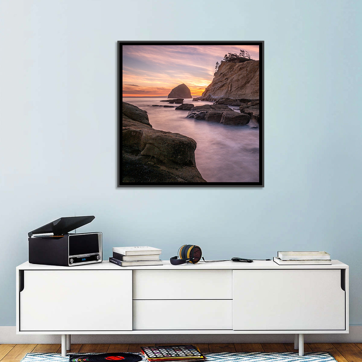 Haystack Rock at Cape Kiwanda Wall Art in a room, square