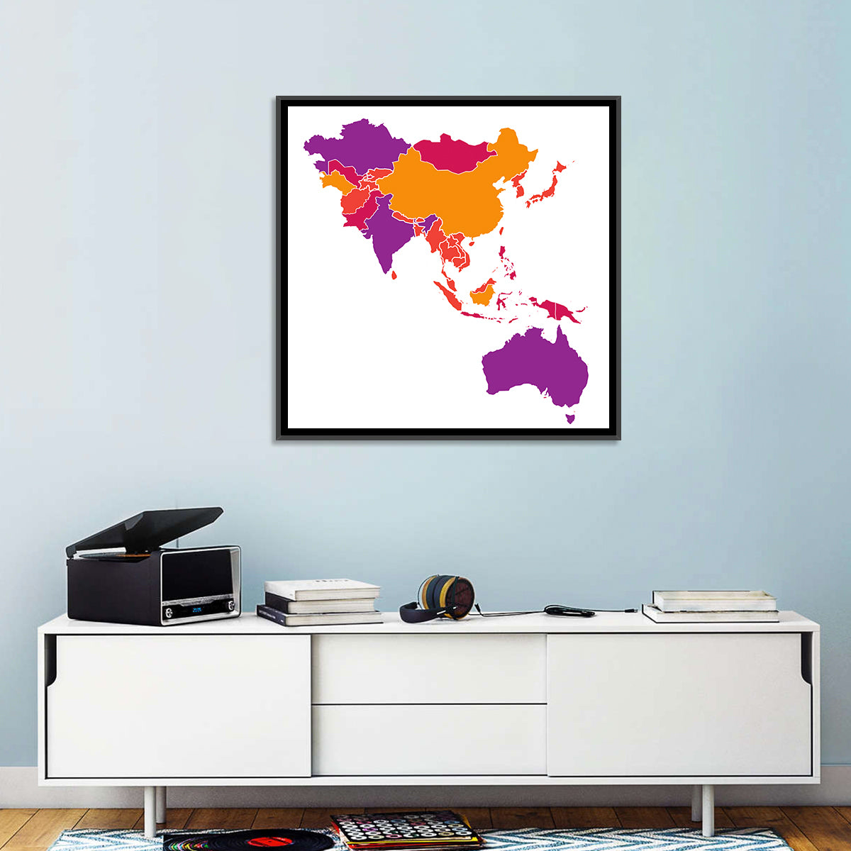 Stylized Asia Pacific Map Wall Art in a room, square