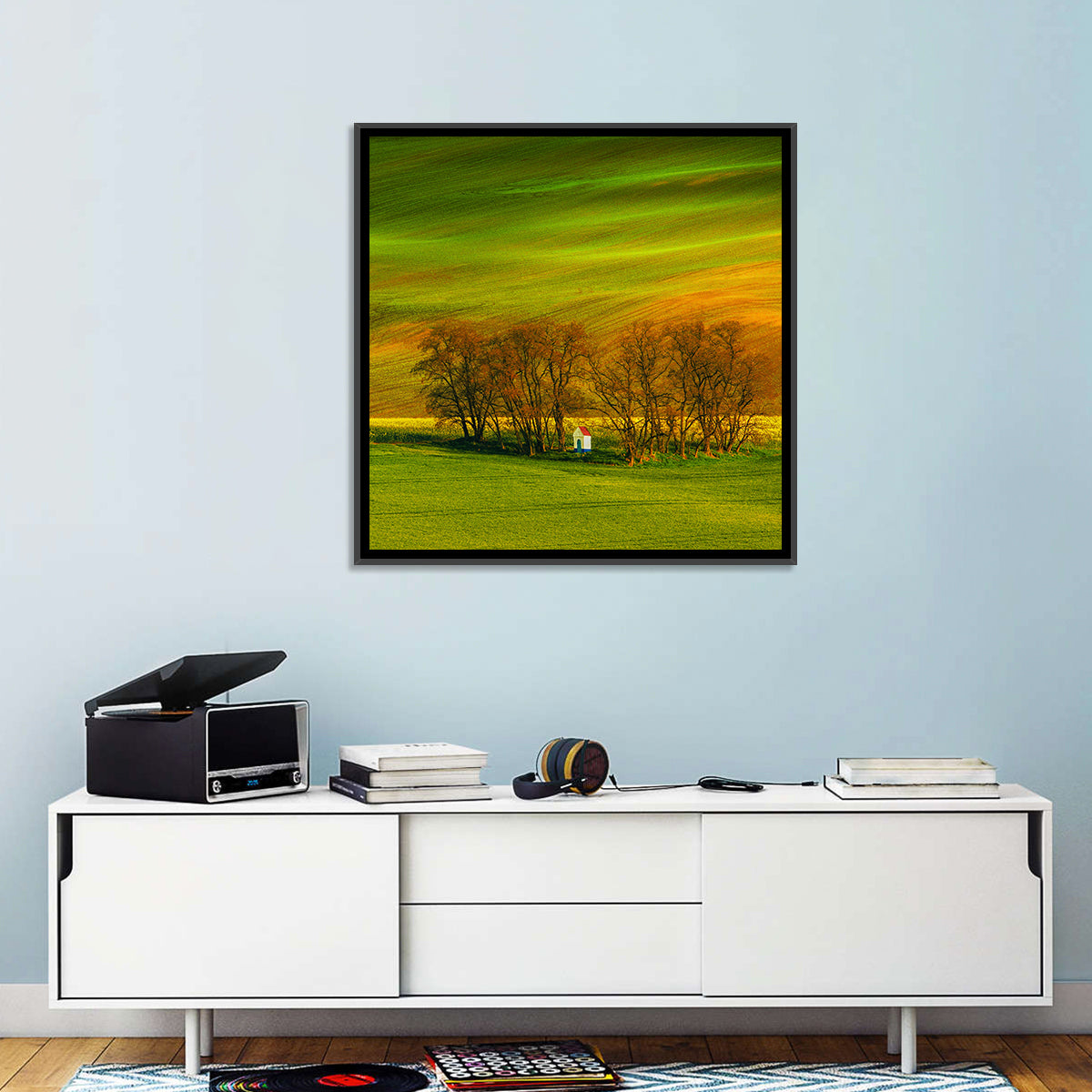 Moravian Wheat Fields with Chapel Wall Art in a room, square
