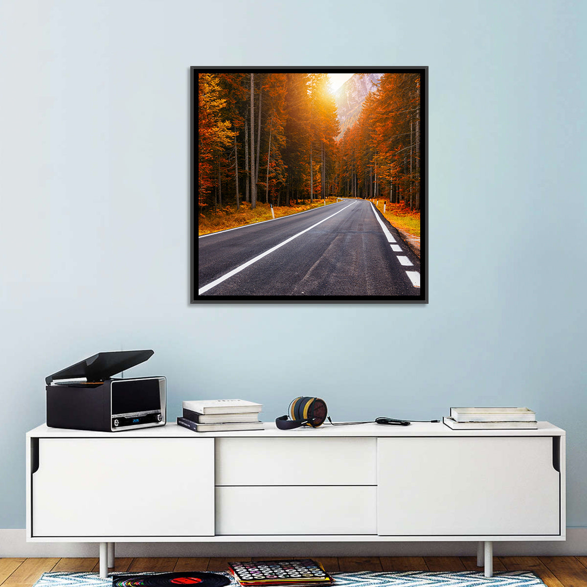Golden Hour Forest Road Wall Art in a room, square