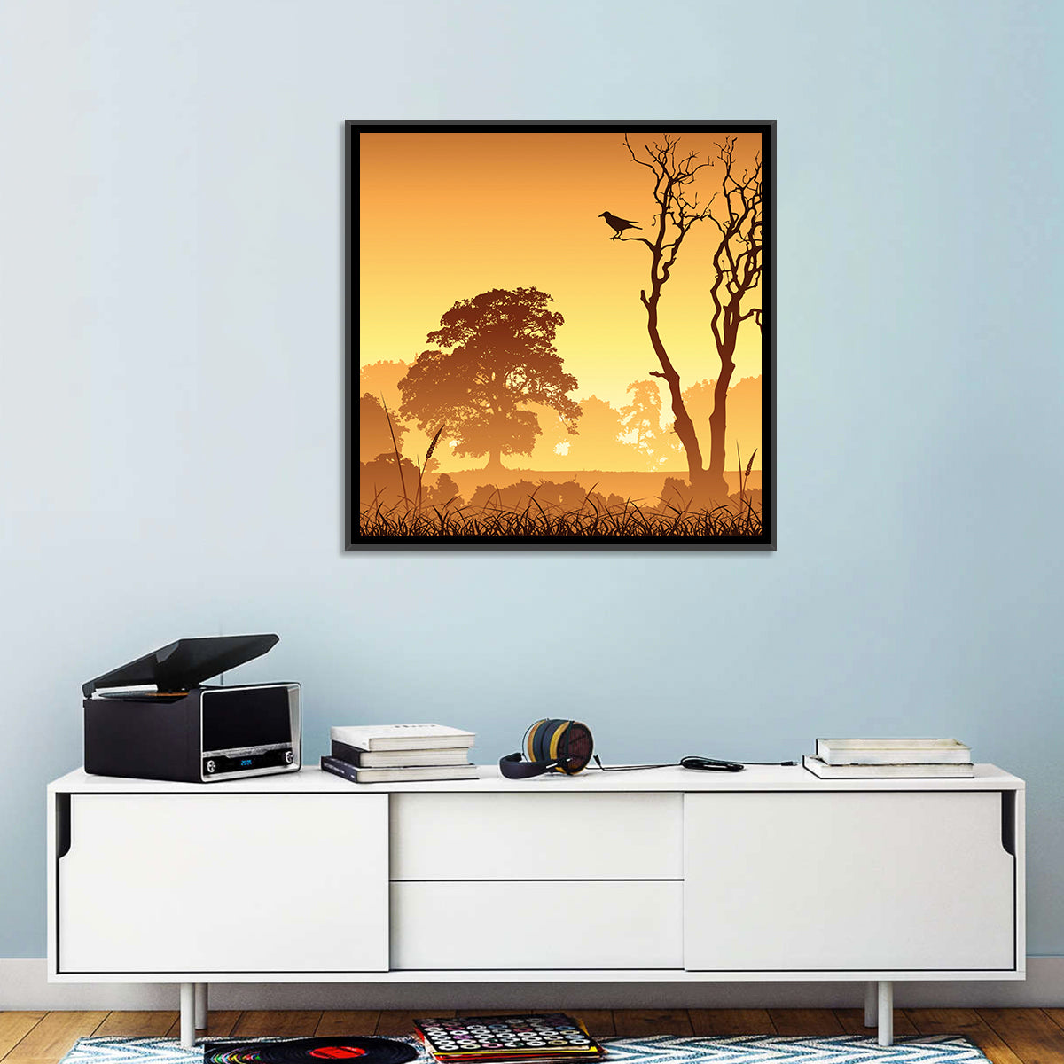 Golden Mist Tree Silhouettes with Crow Wall Art in a room, square