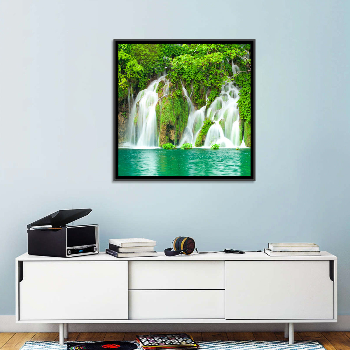 Plitvice Lakes Cascades Wall Art in a room, square