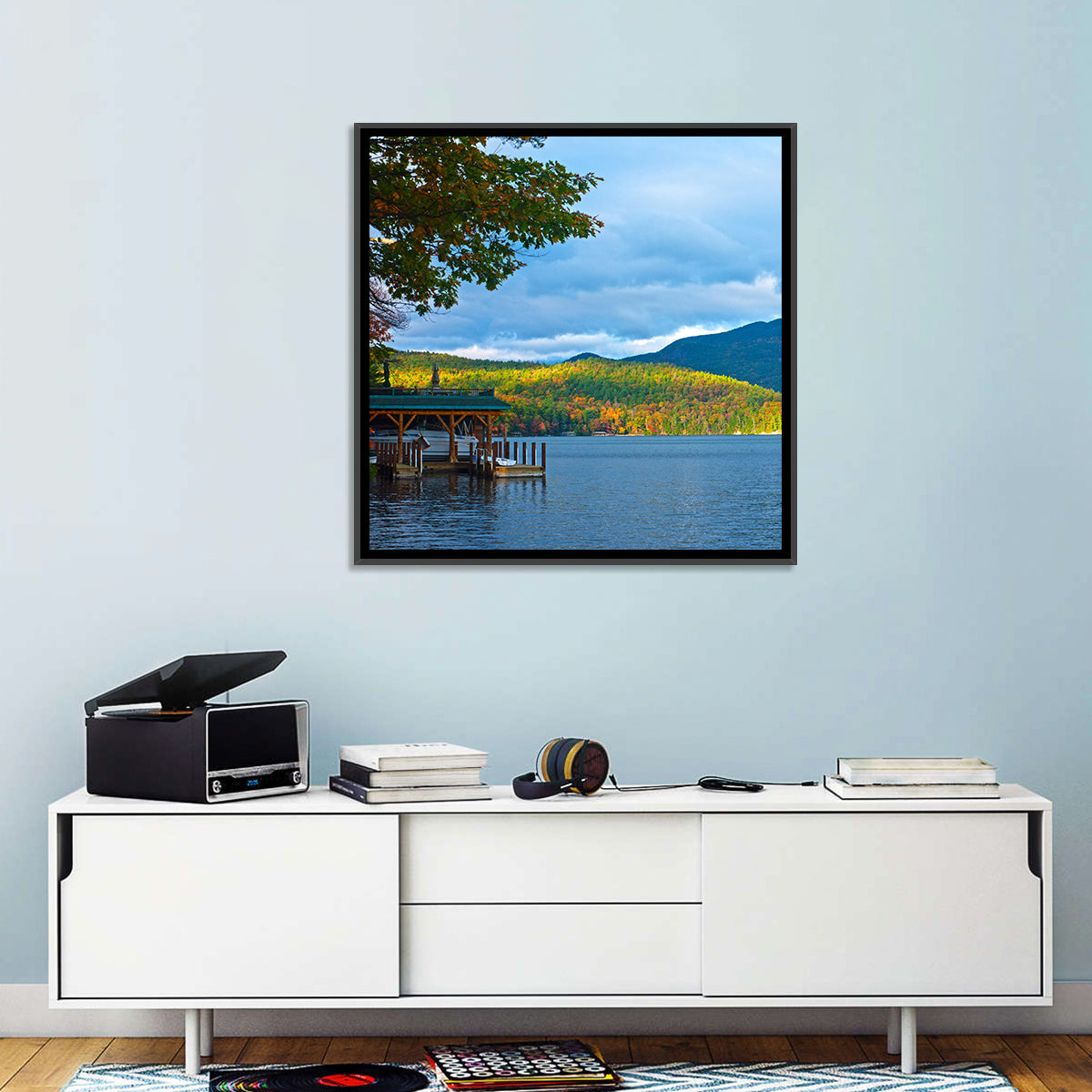 Lake George Boathouse in Autumn Wall Art in a room, square