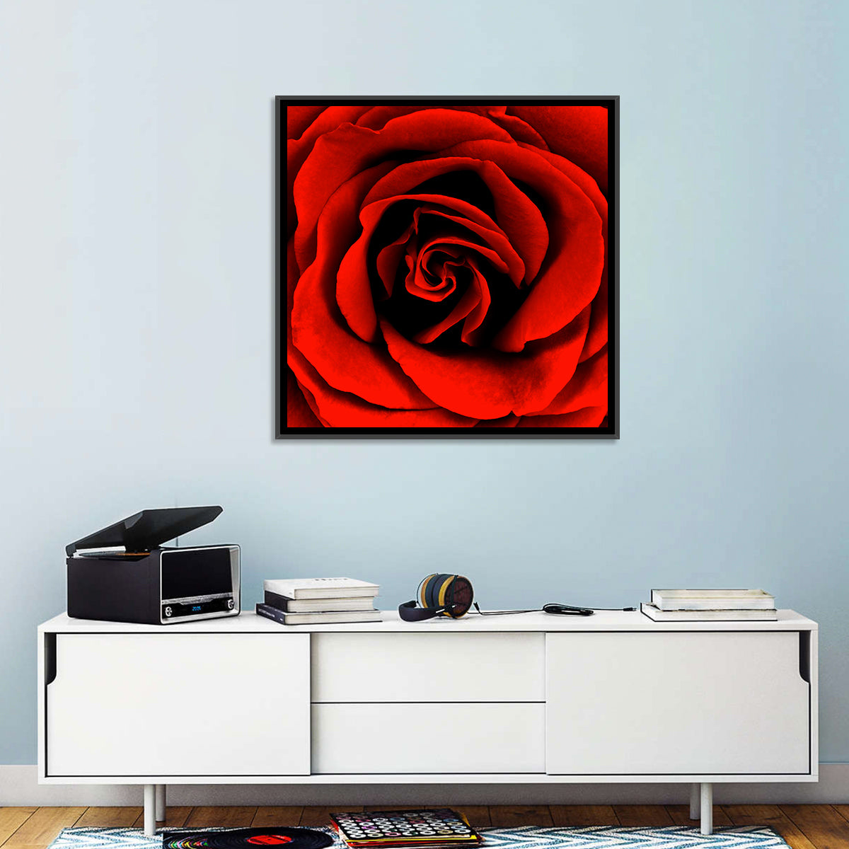 Velvety Red Rose Close-up Wall Art in a room, square