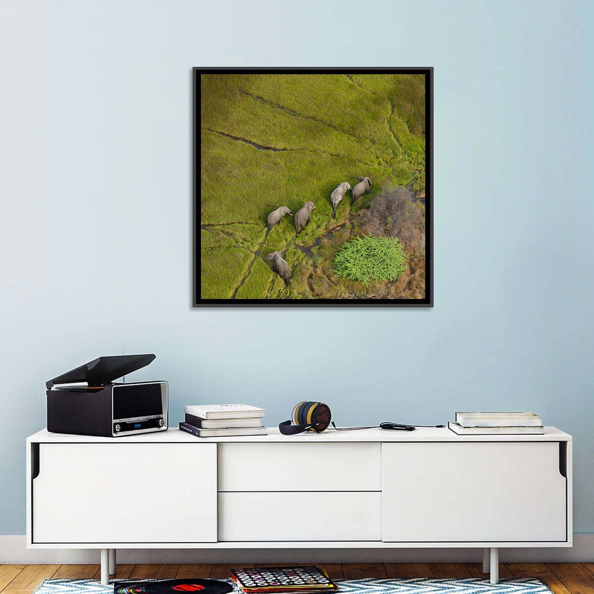 Aerial Herd of Elephants Wall Art in a room, square