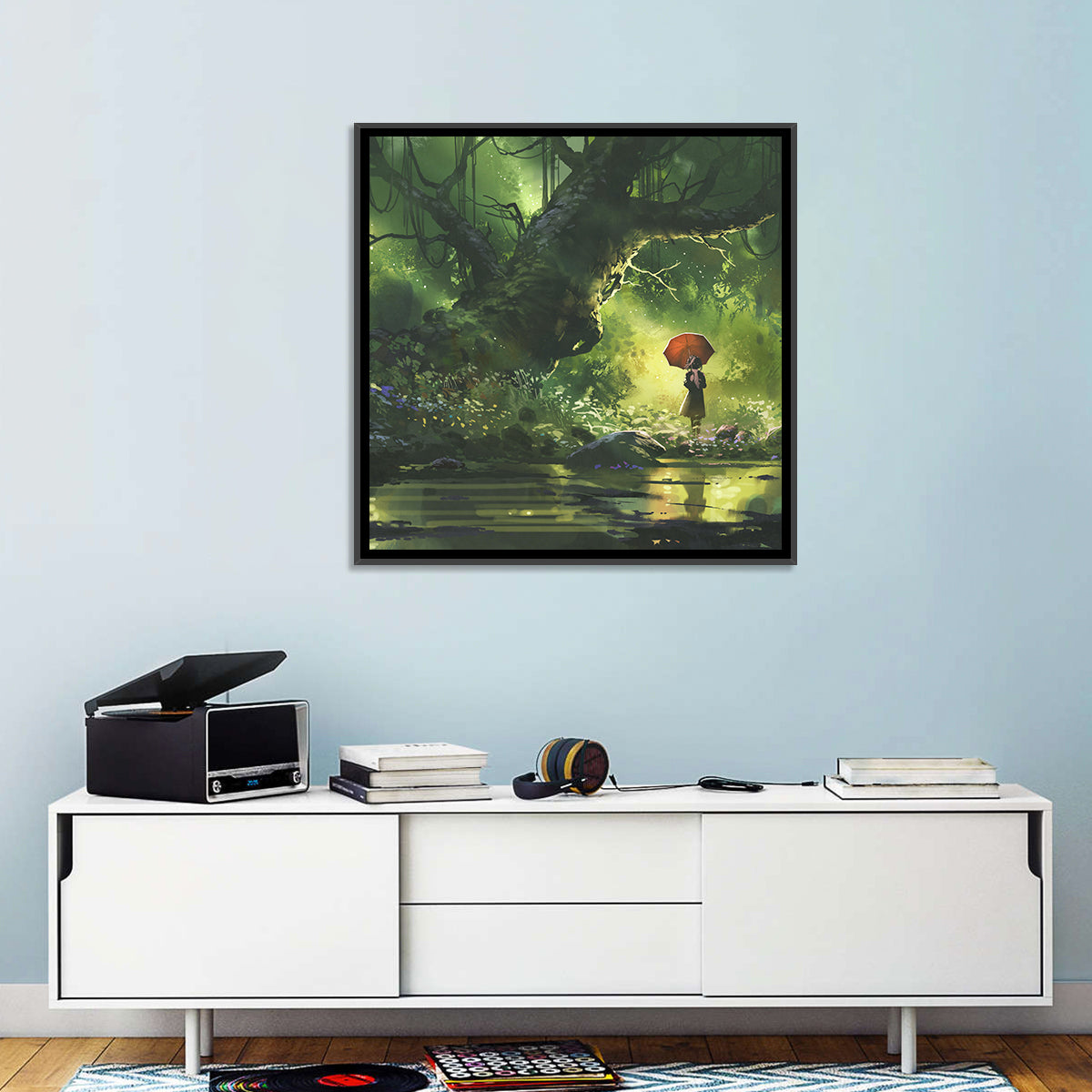Girl with Umbrella in Mysterious Forest Wall Art in a room, square