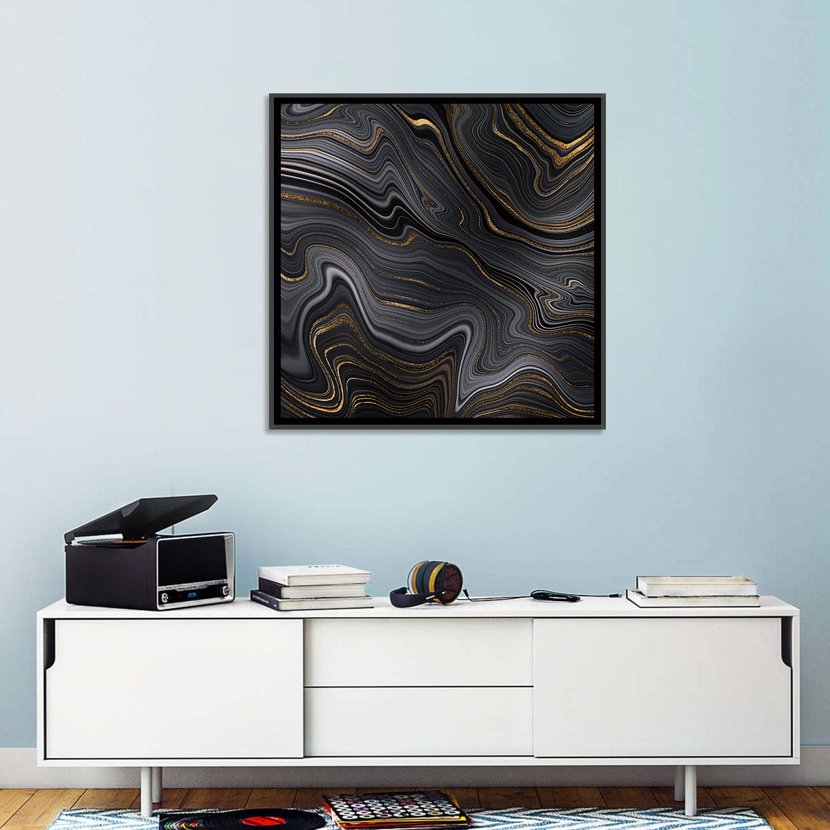 Black Marble with Gold Veins Wall Art in a room, square