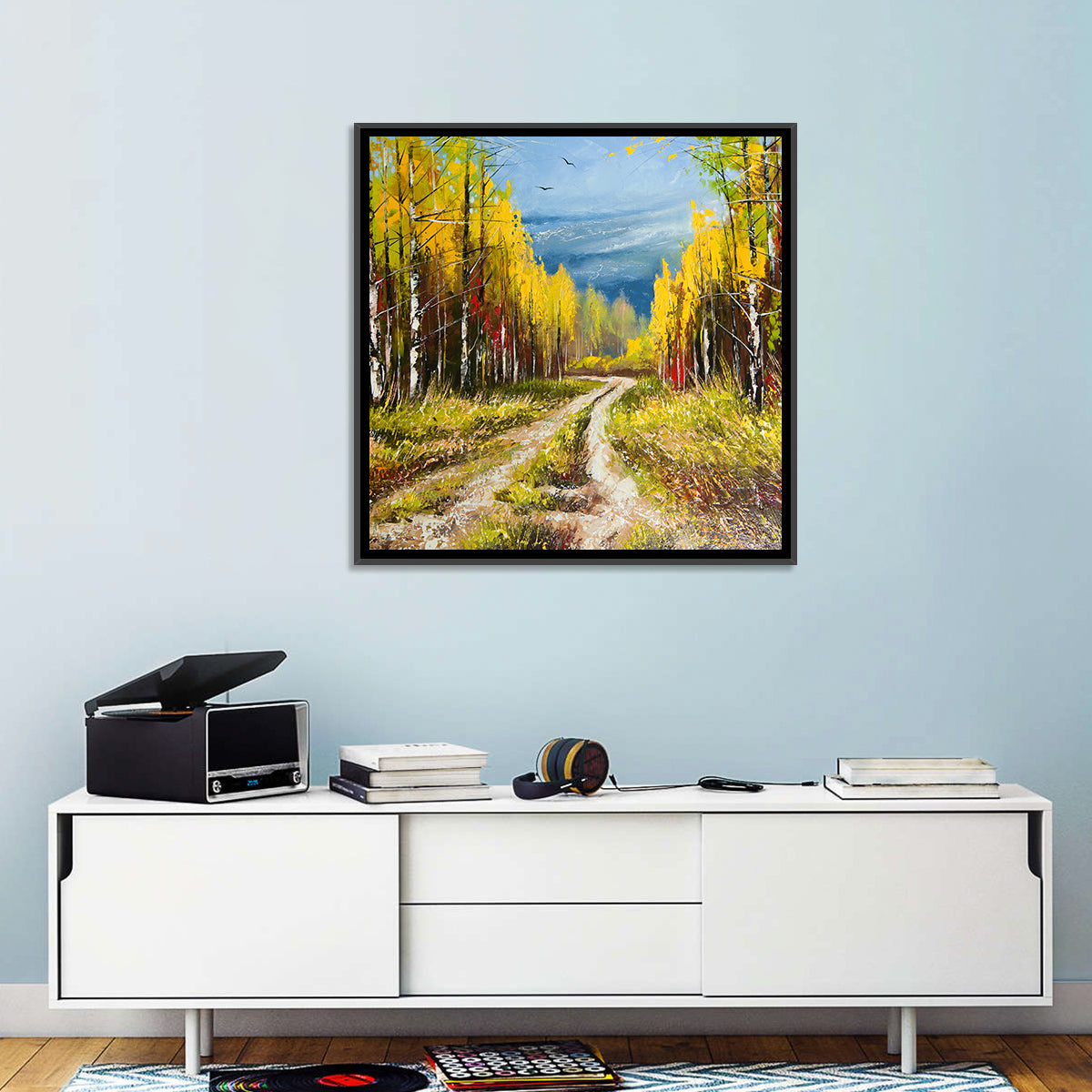 Autumn Birch Path with Two Birds Wall Art