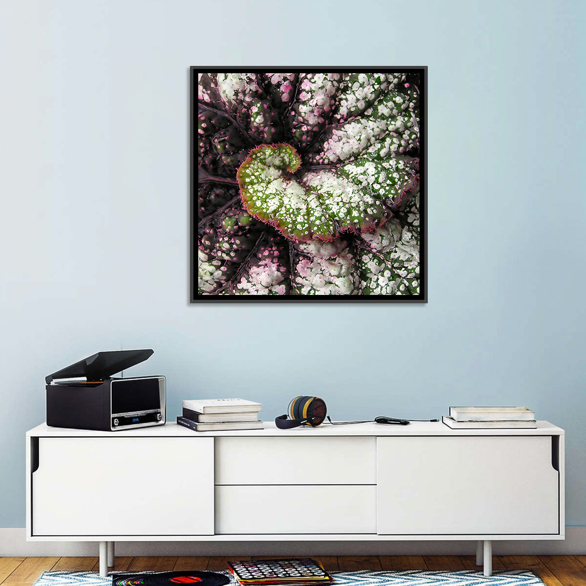 Begonia Leaf Spiral Geometry Wall Art in a room, square