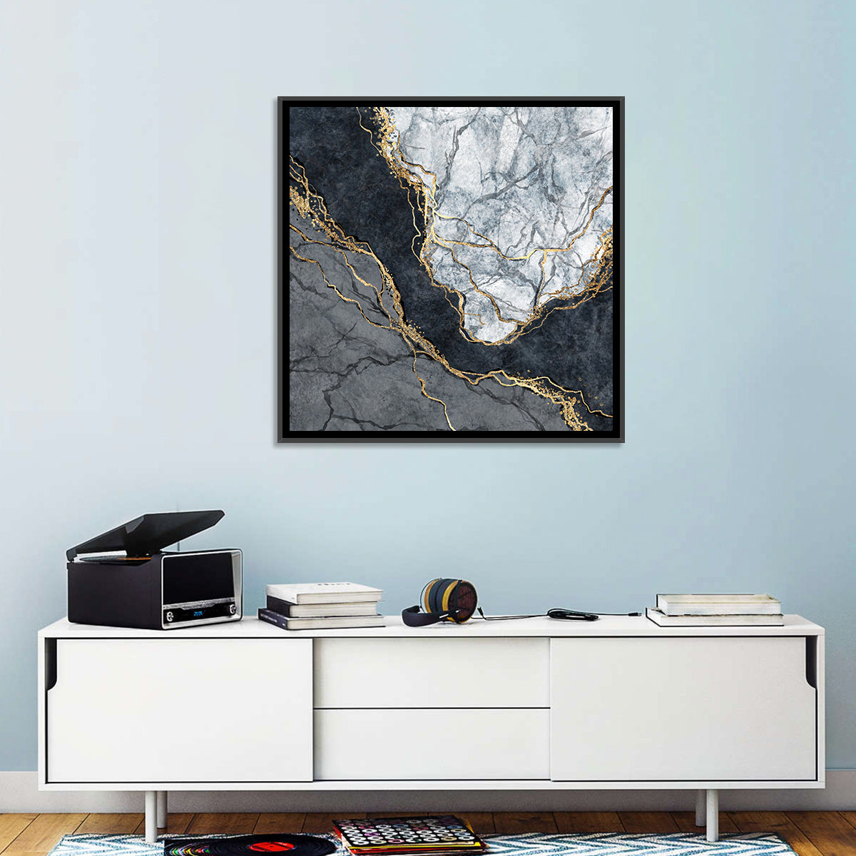 Black Stream Golden Veins Abstract Wall Art in a room, square