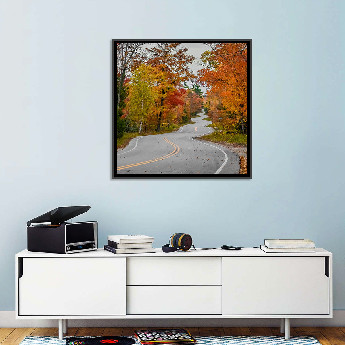 Winding Autumn Highway Wall Art in a room, square