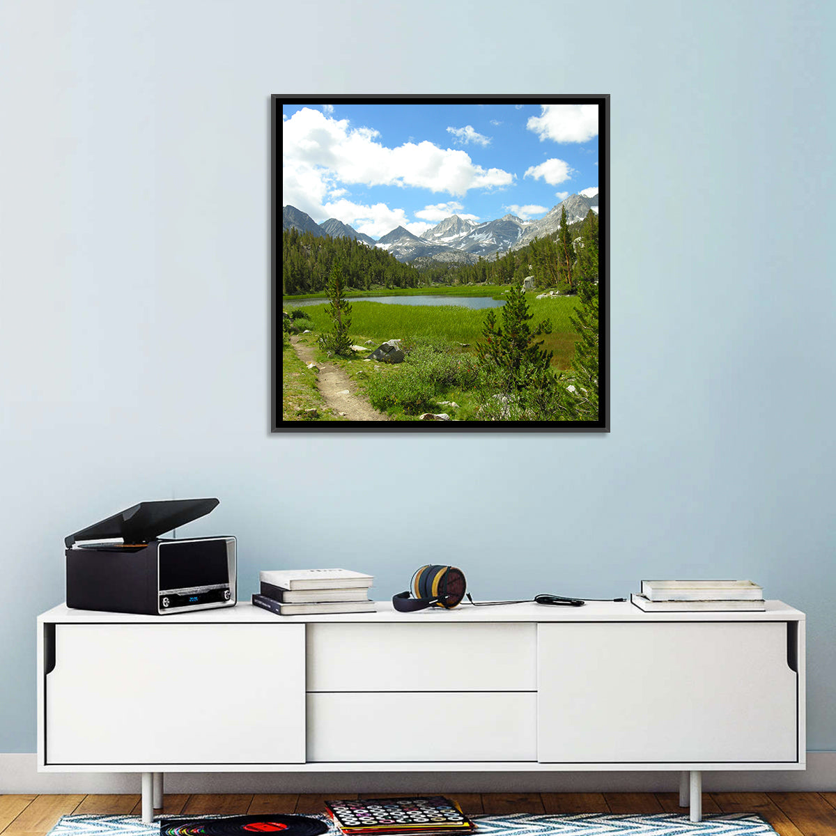 Sierra Nevada Trail to Snow Capped Peaks Wall Art in a room, square