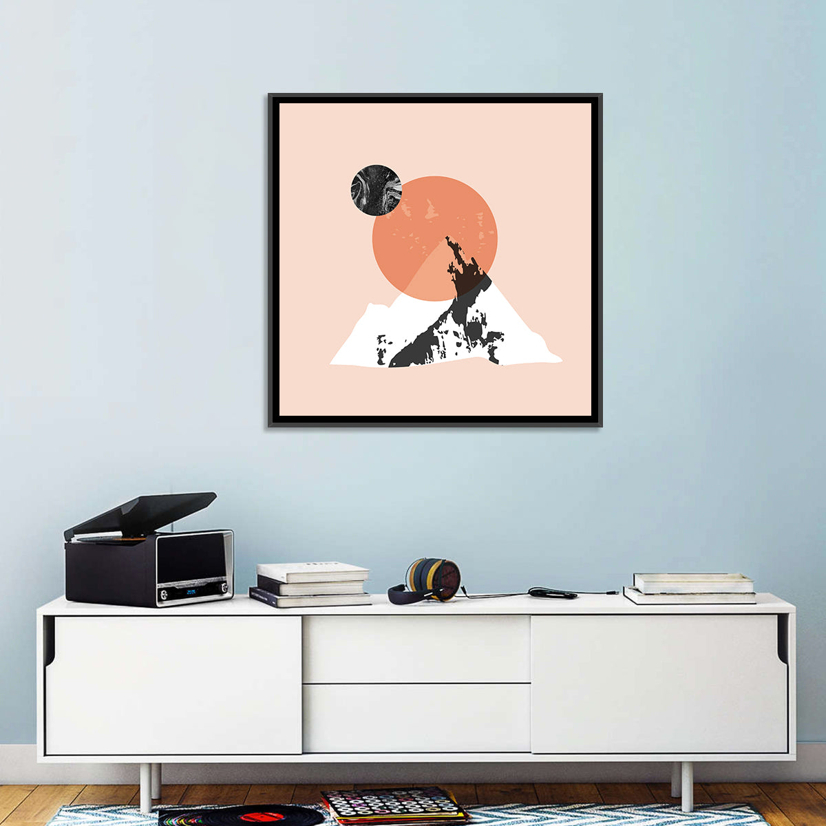 Abstract Mountain Sun and Moon Wall Art in a room, square