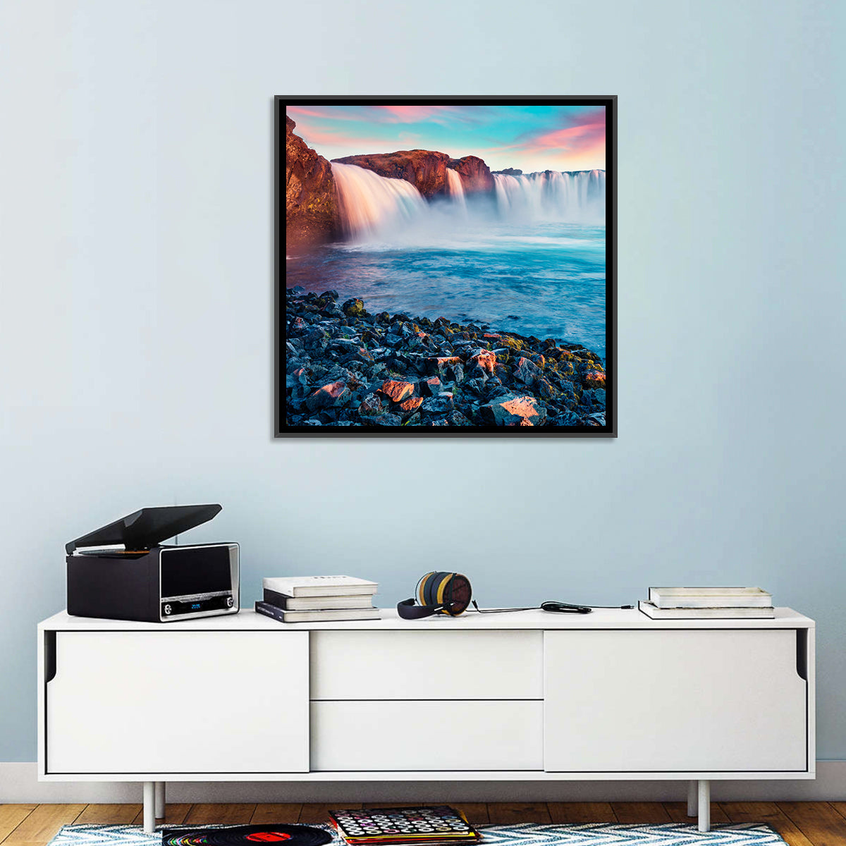 Goðafoss Waterfall at Sunset Wall Art in a room, square
