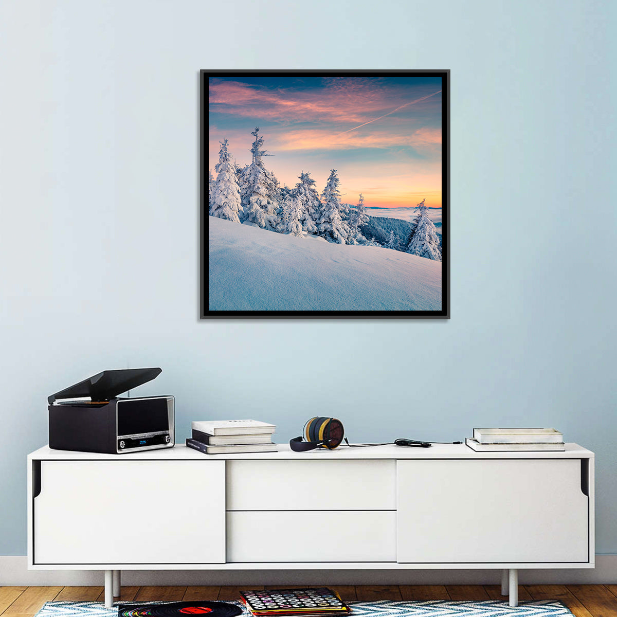 Snowy Carpathian Sunset Wall Art in a room, square