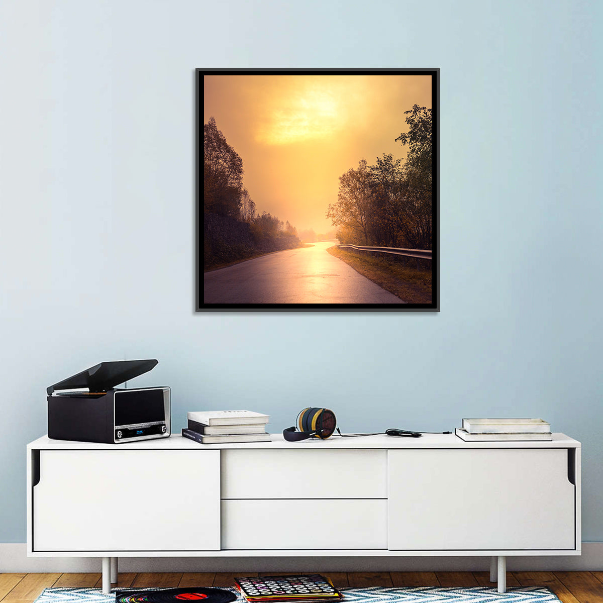 Windy Misty Forest Road Wall Art in a room, square
