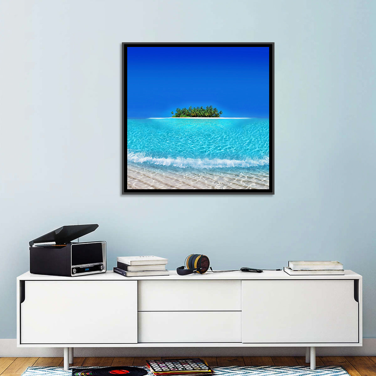 Turquoise Atoll Sandbar with Palm Trees Wall Art in a room, square