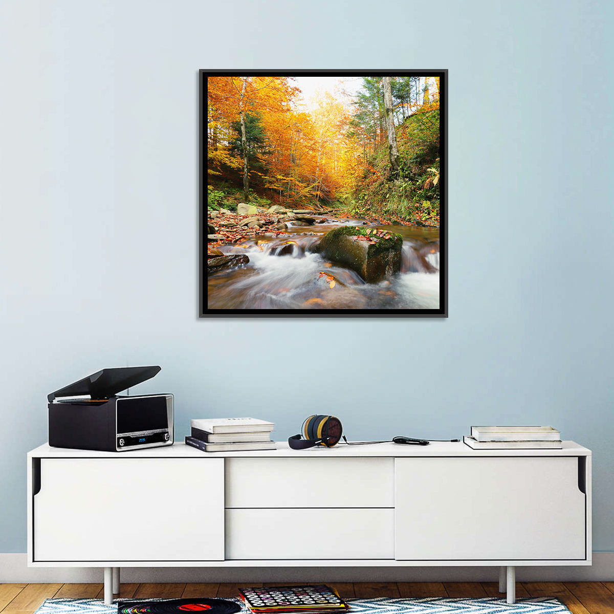 Forest Stream in Autumn Wall Art in a room, square