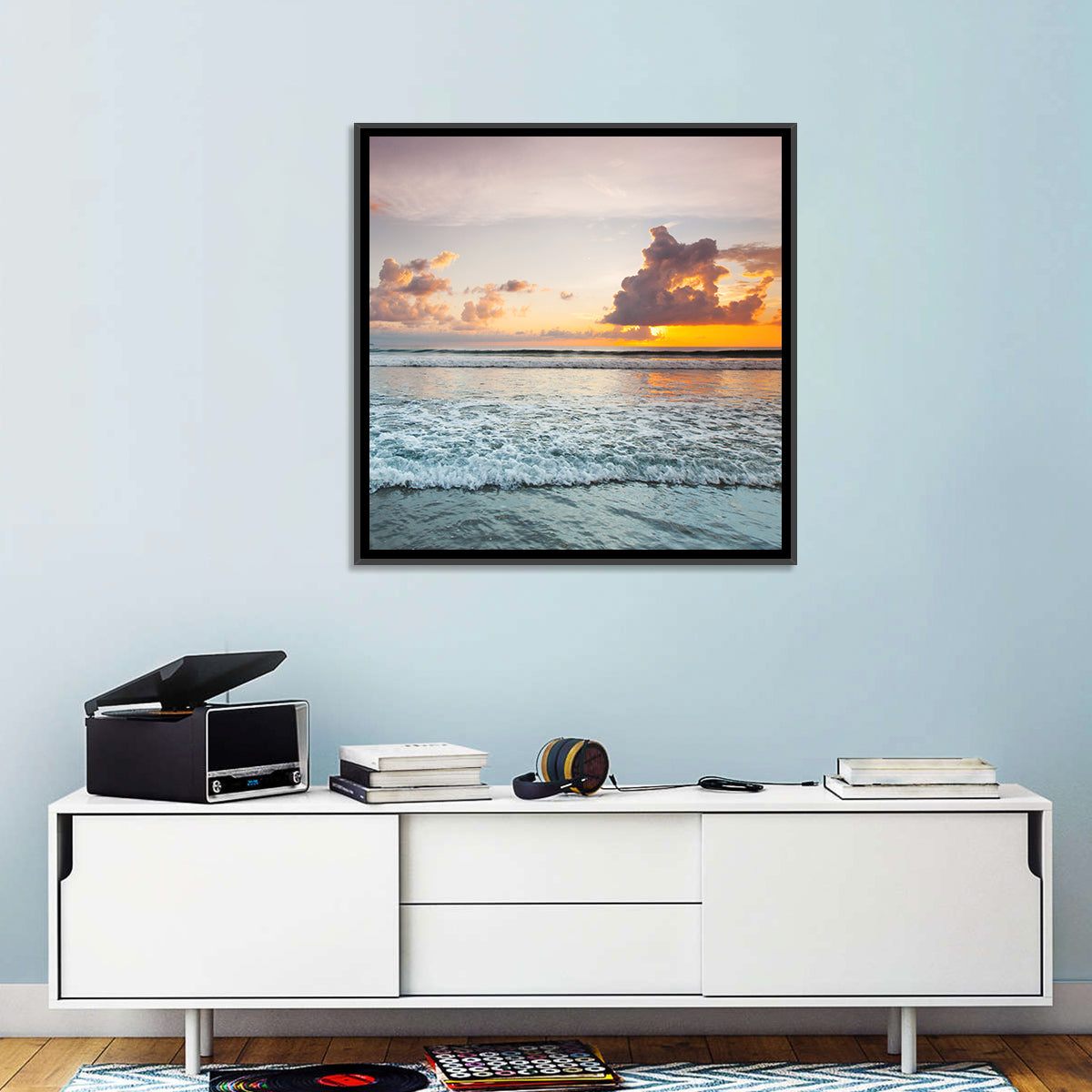Golden Hour Beach Sunset Surf Wall Art in a room, square