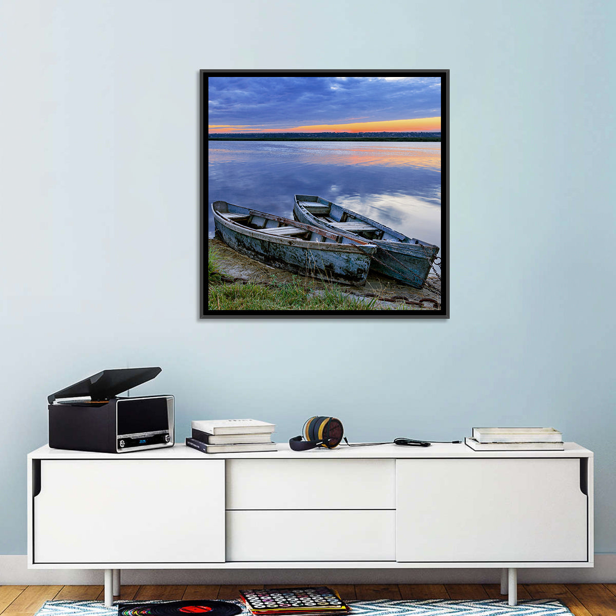 Chained Rowboats at Dusk Wall Art in a room, square