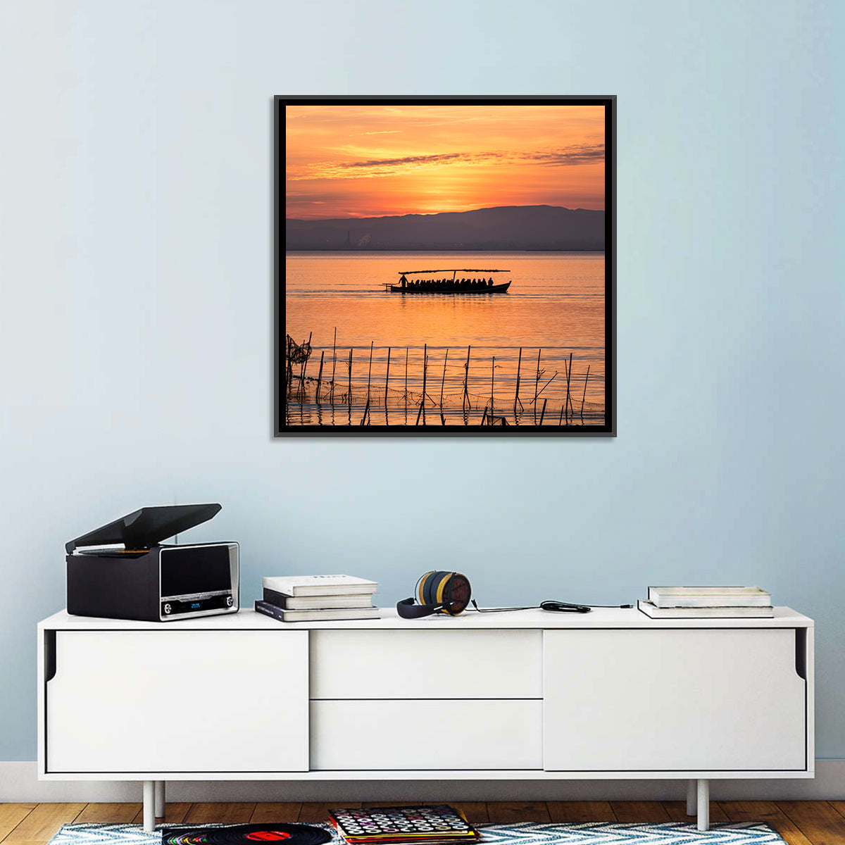 Albufera Sunrise Boat Silhouette Wall Art in a room, square