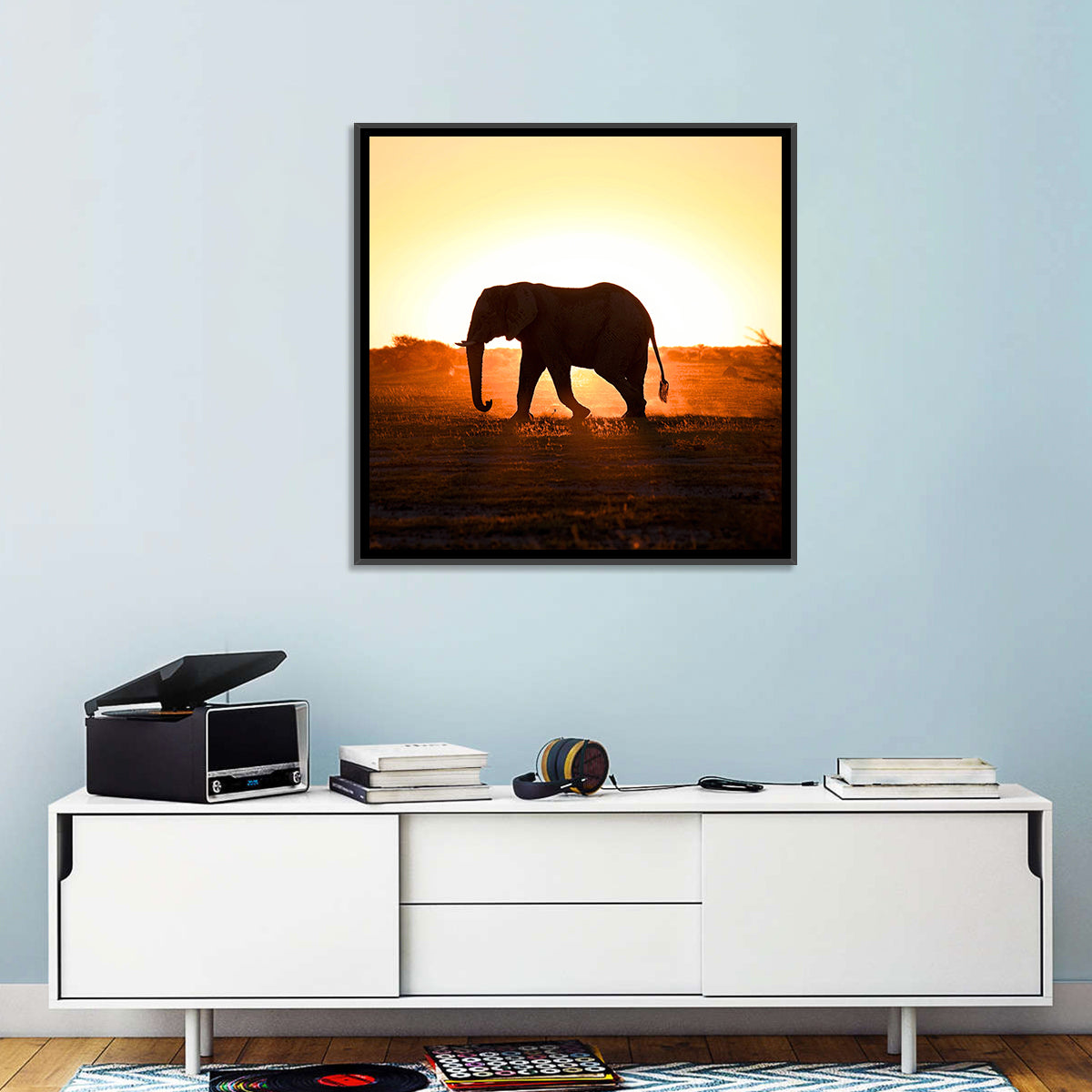 Golden Hour Elephant Silhouette Wall Art in a room, square