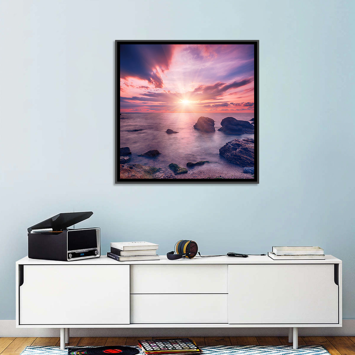 Ethereal Sea Sunrise Wall Art in a room, square