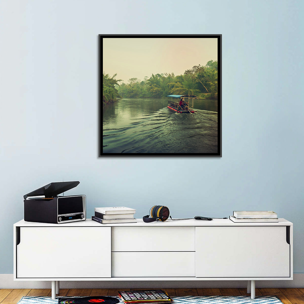 Misty Long-tail Boat on River Kwai Wall Art in a room, square