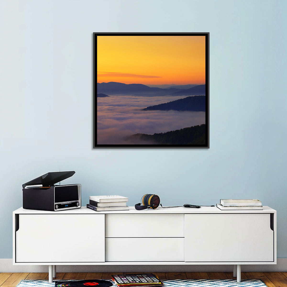 Cloud Sea Over Mountains at Golden Dawn Wall Art in a room, square