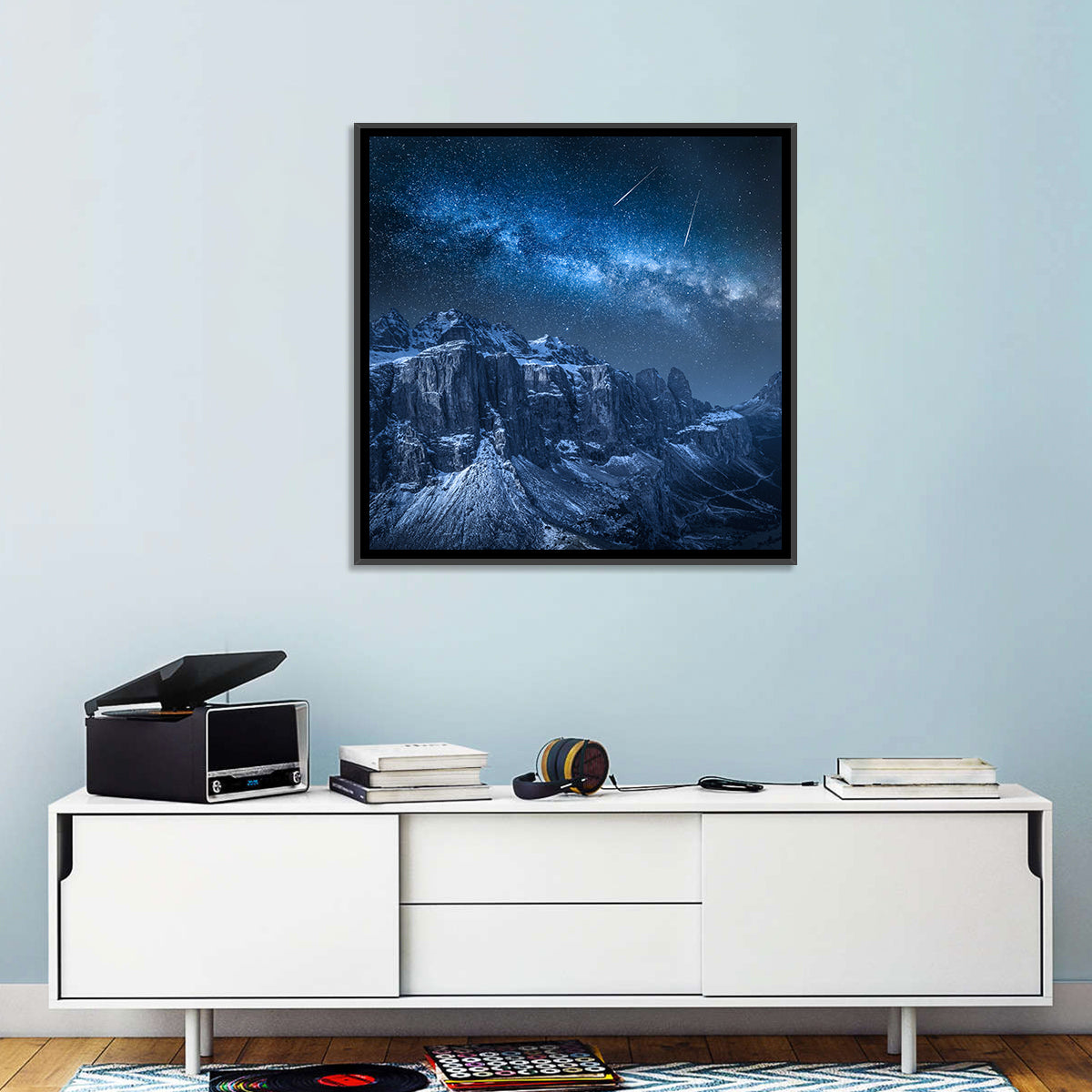 Milky Way Over Snowy Dolomites Wall Art in a room, square