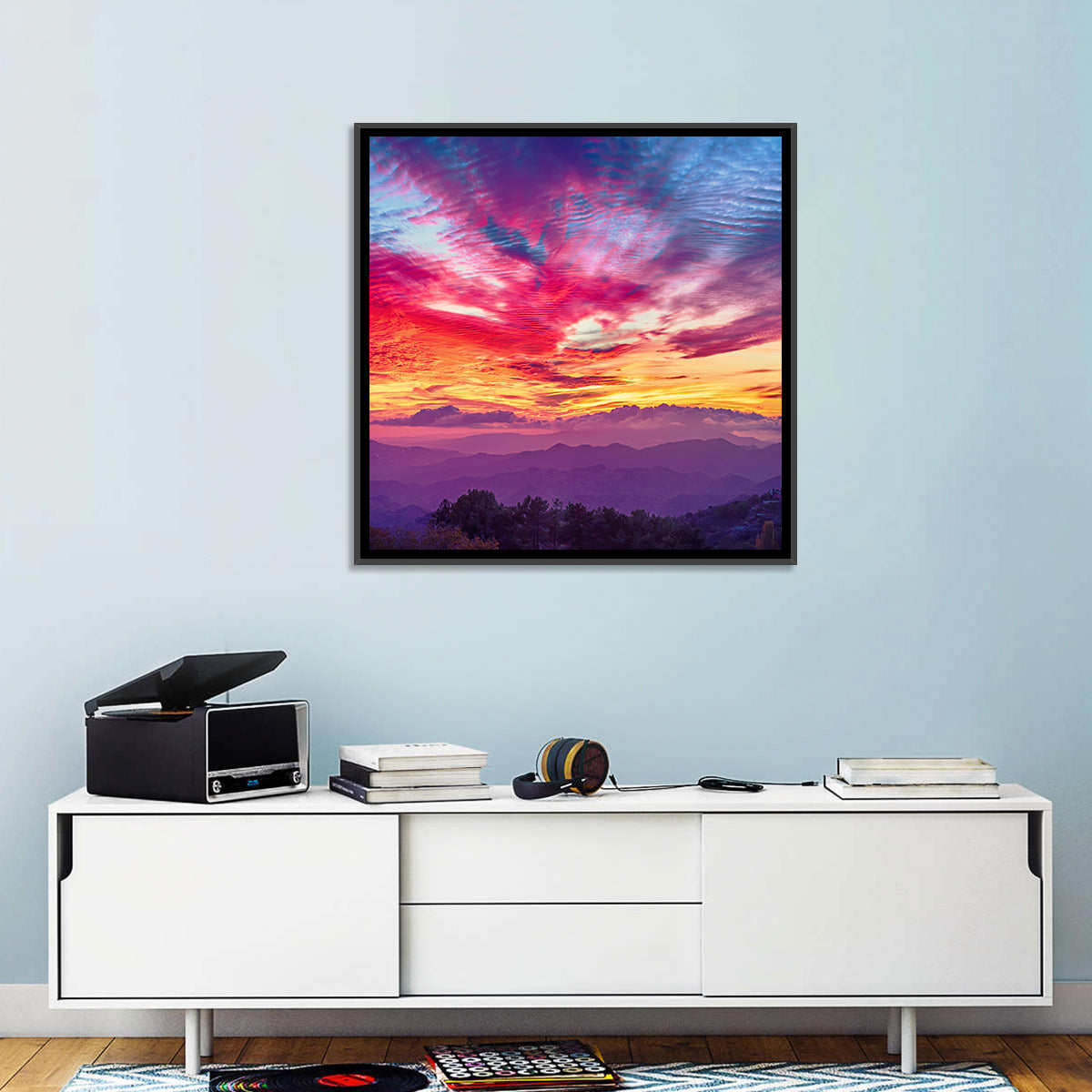 Golden Dusk Cloud Mountains Wall Art in a room, square