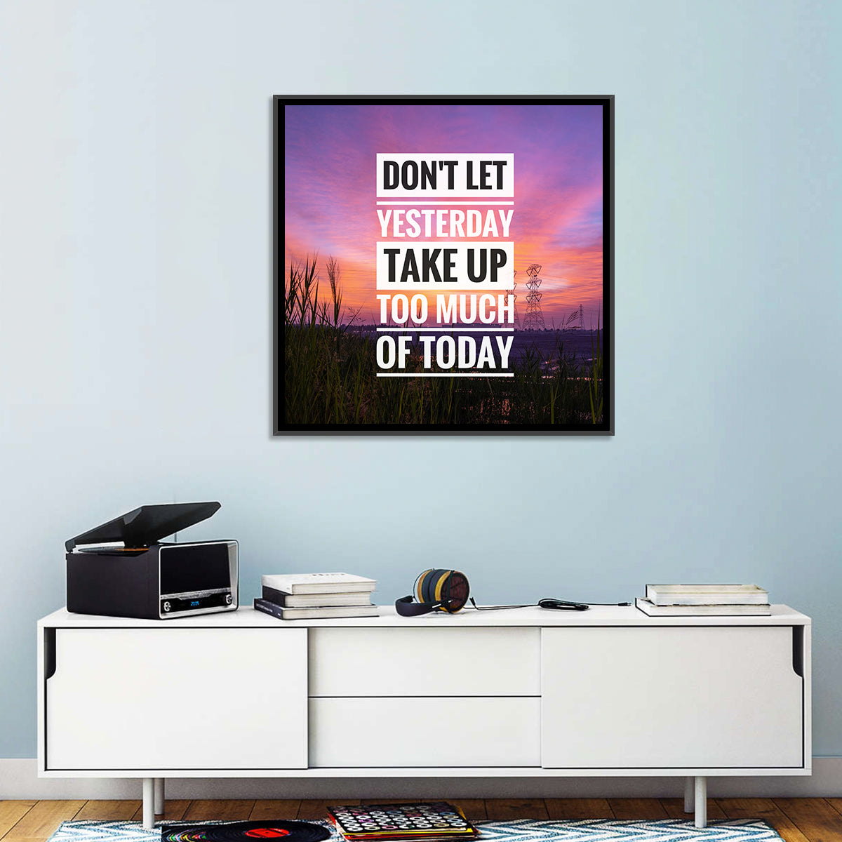 Don't Let Yesterday, Sunset Quote Wall Art in a room, square