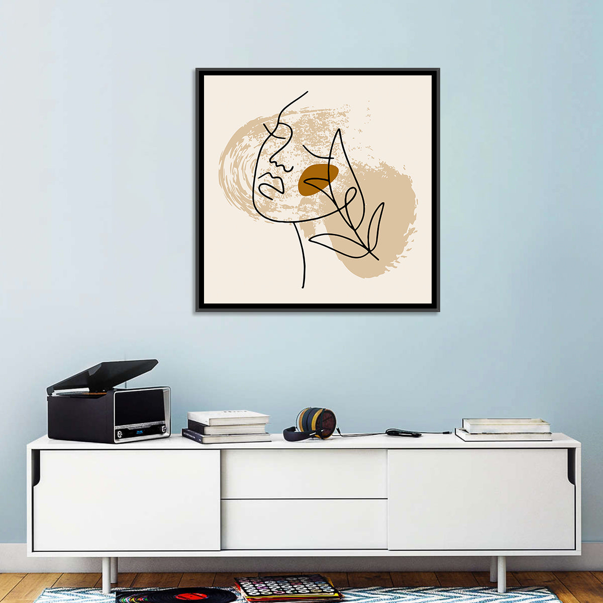 Minimalist Woman Line Portrait Wall Art in a room, square