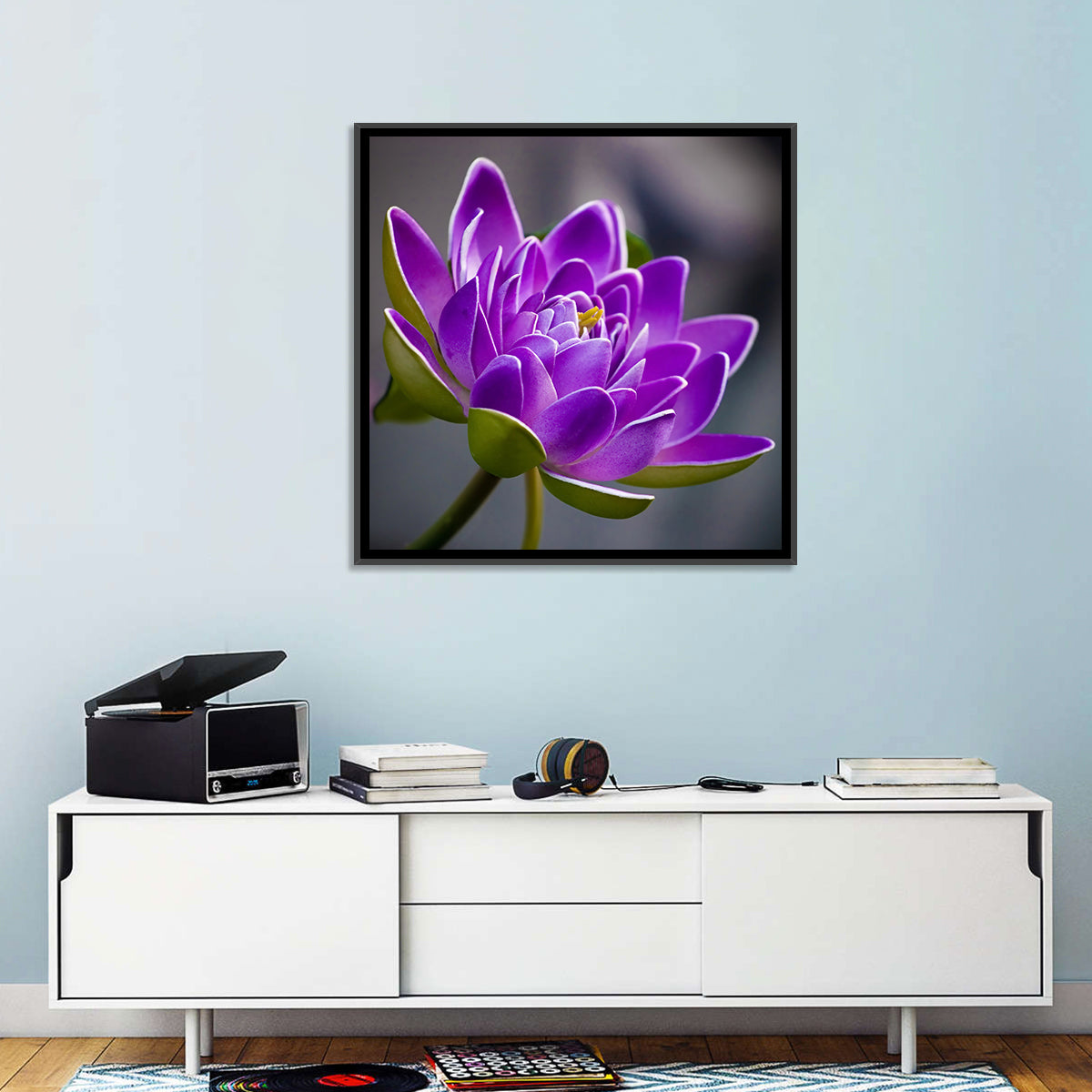 Purple Water Lily Close-up Wall Art in a room, square