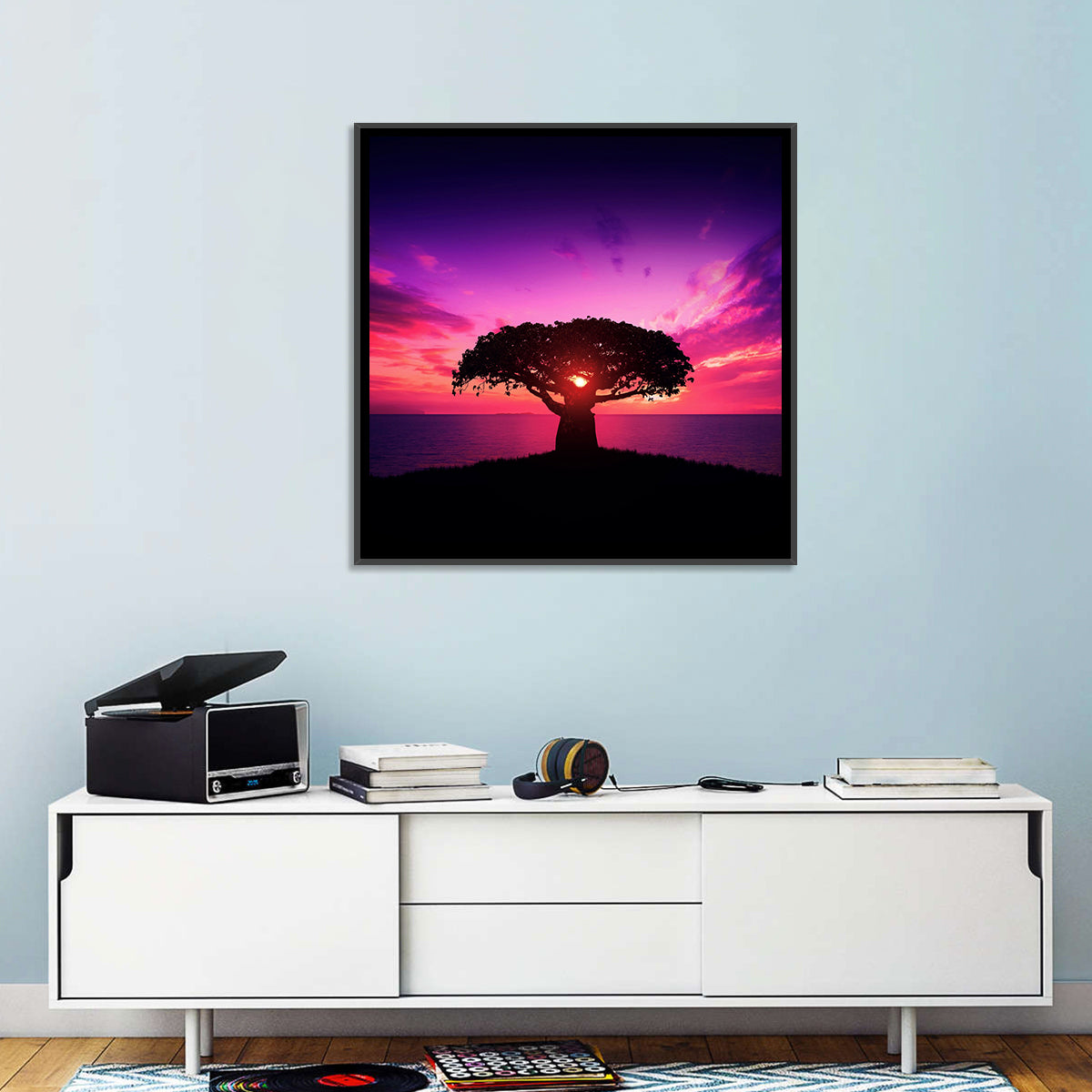 Baobab Sunset Silhouette Wall Art in a room, square