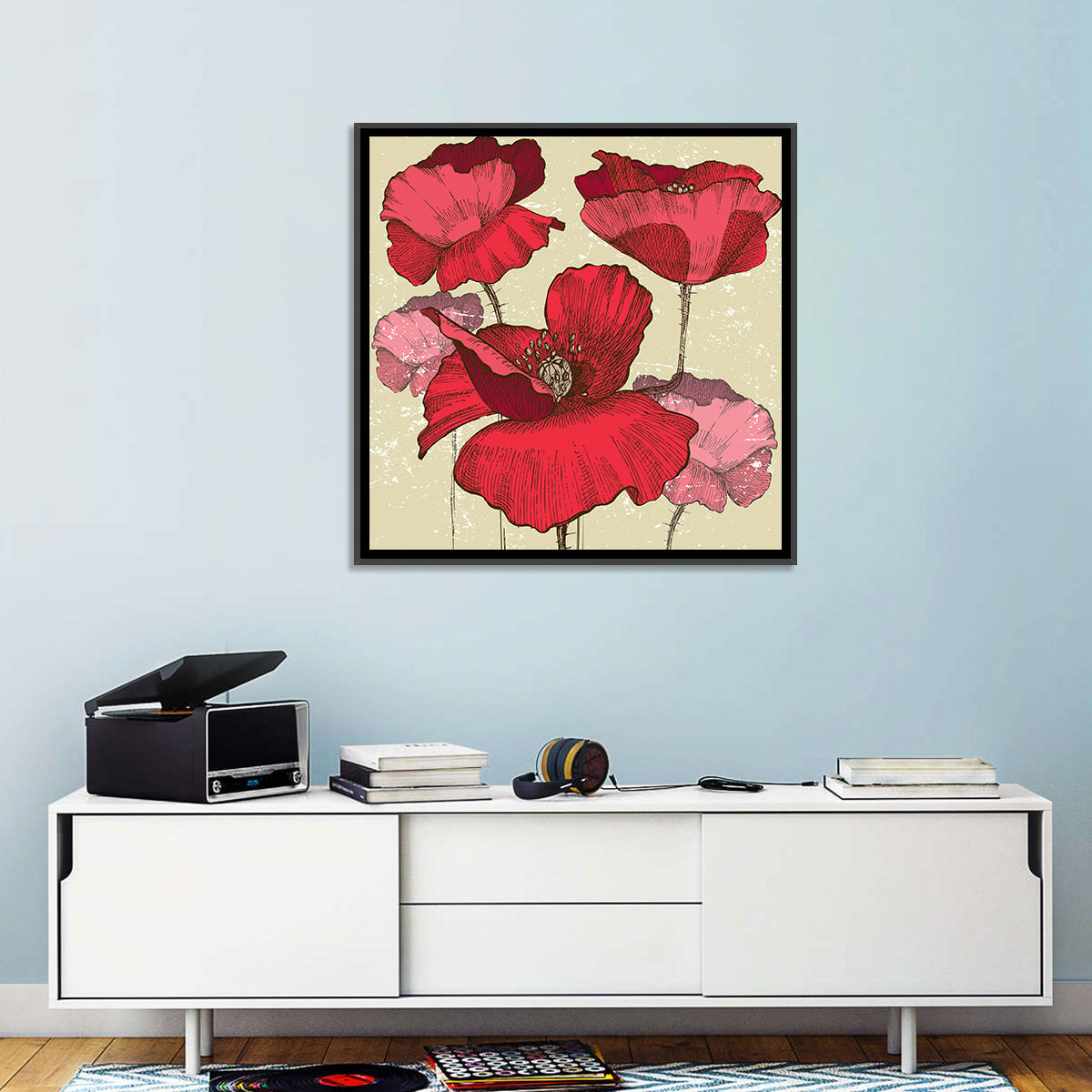 Vintage Poppy Illustration Wall Art in a room, square