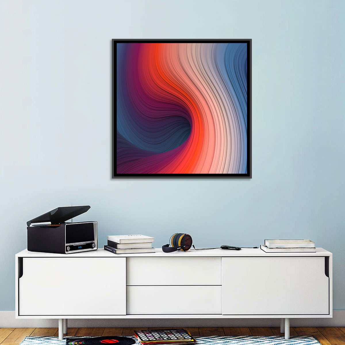 Gradient Wave Vortex Wall Art in a room, square