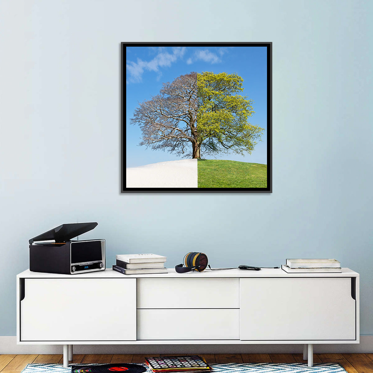 Split Season Tree Landscape Wall Art in a room, square
