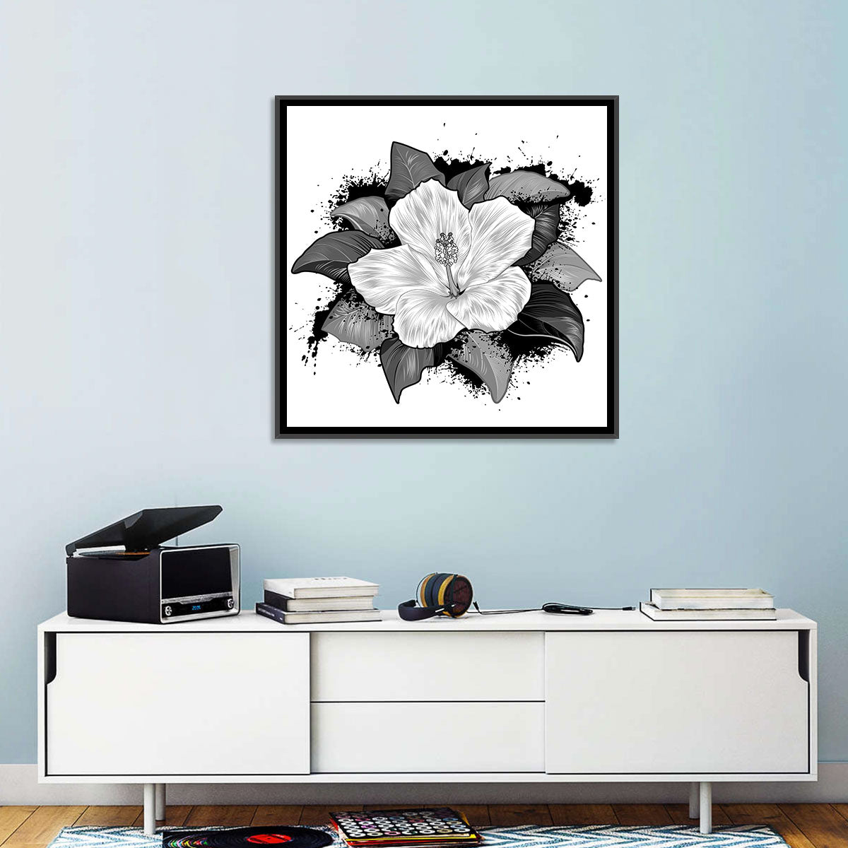 Ink Splatter Hibiscus Illustration Wall Art in a room, square