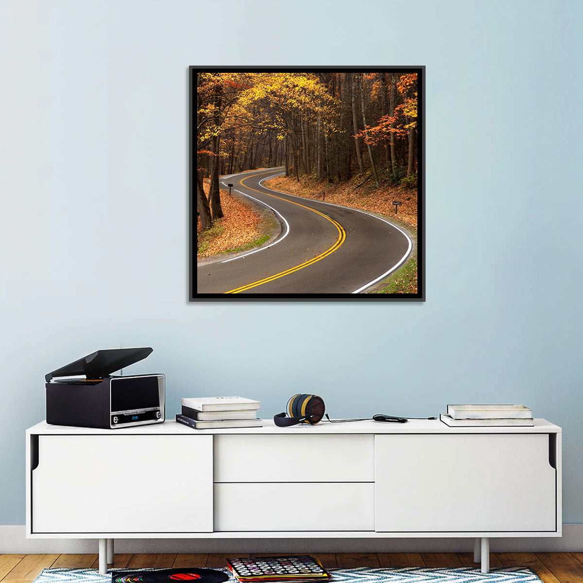 S-curve Road Through Autumn Forest Wall Art in a room, square