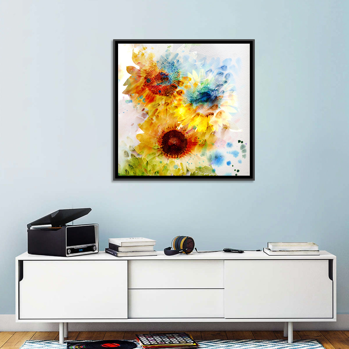Watercolor Sunflower Trio Wall Art in a room, square