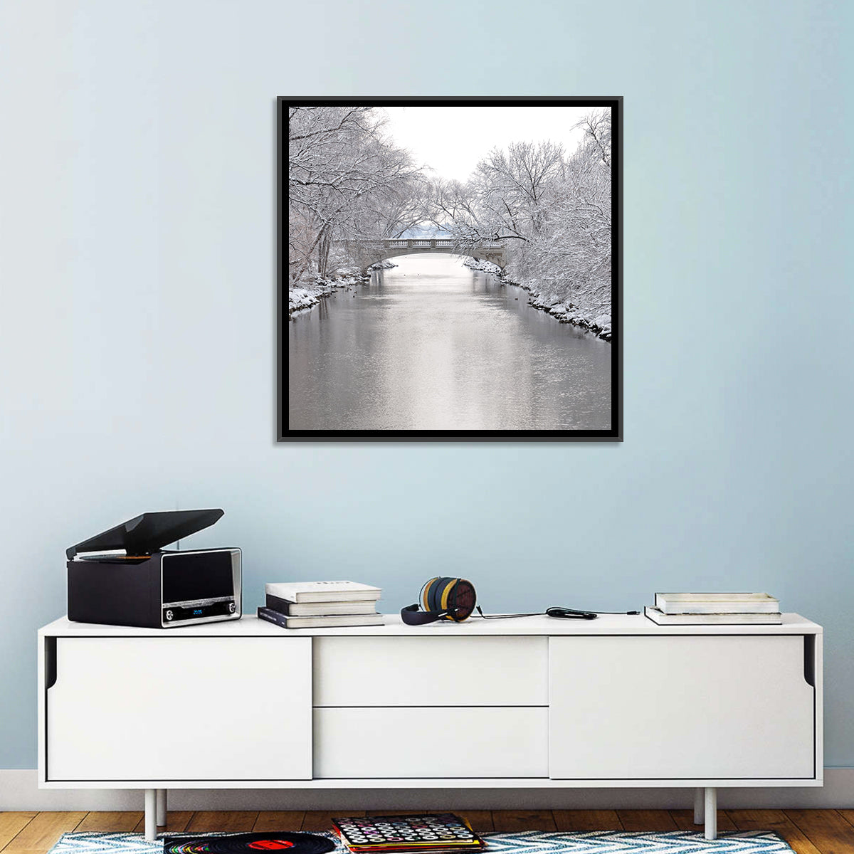 Yahara River Winter Stone Bridge Wall Art in a room, square
