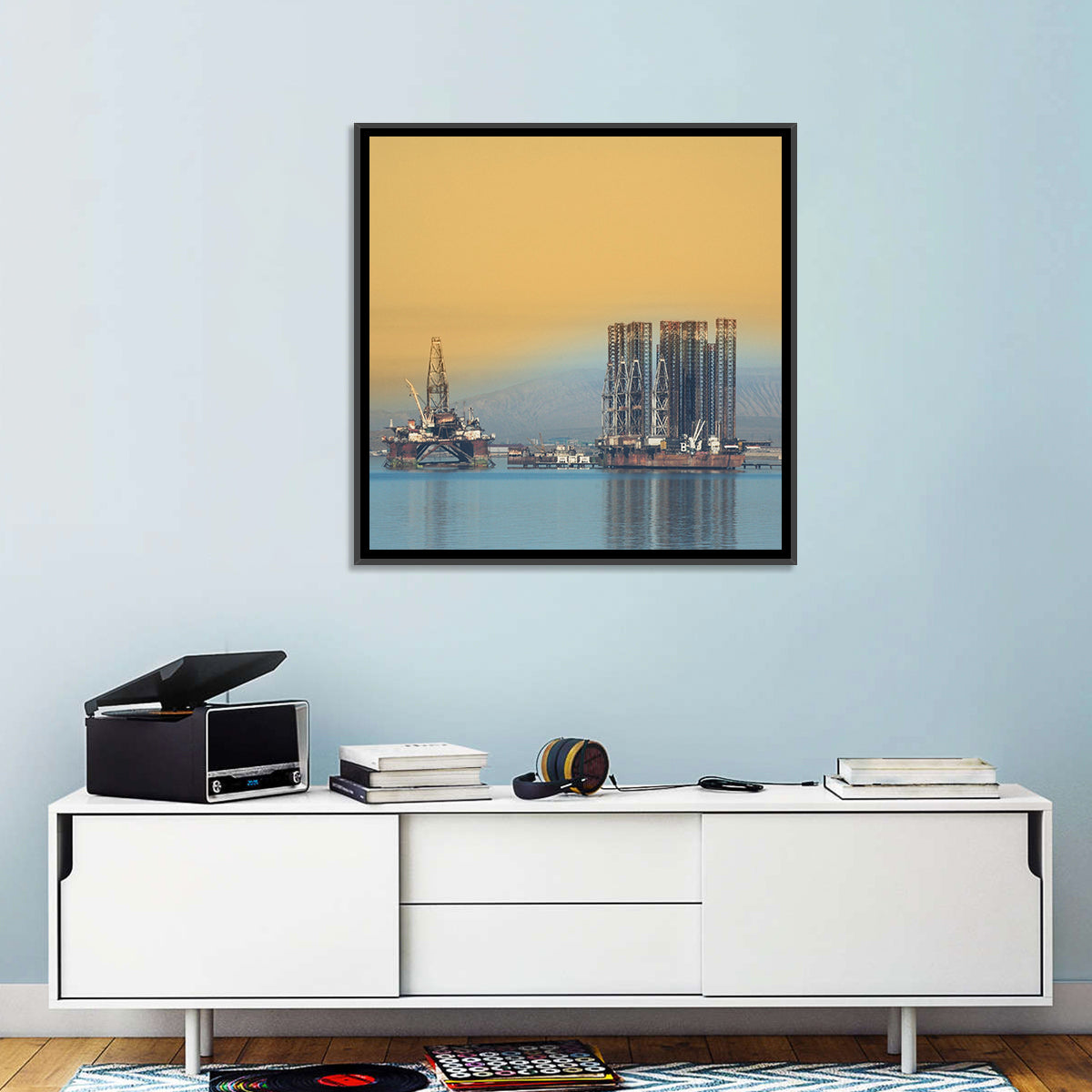 Baku Oil Rigs at Dusk Wall Art in a room, square