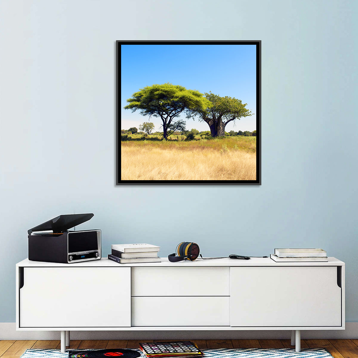 Acacia and Baobab Trees Wall Art in a room, square