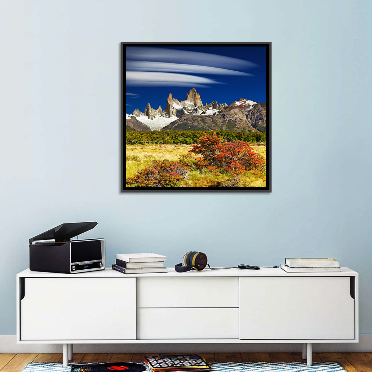 Fitz Roy Peaks, El Chaltén Wall Art in a room, square